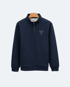 Navy blue Perpetual Flight Quarter Zip sweatshirt with a small logo on a white background