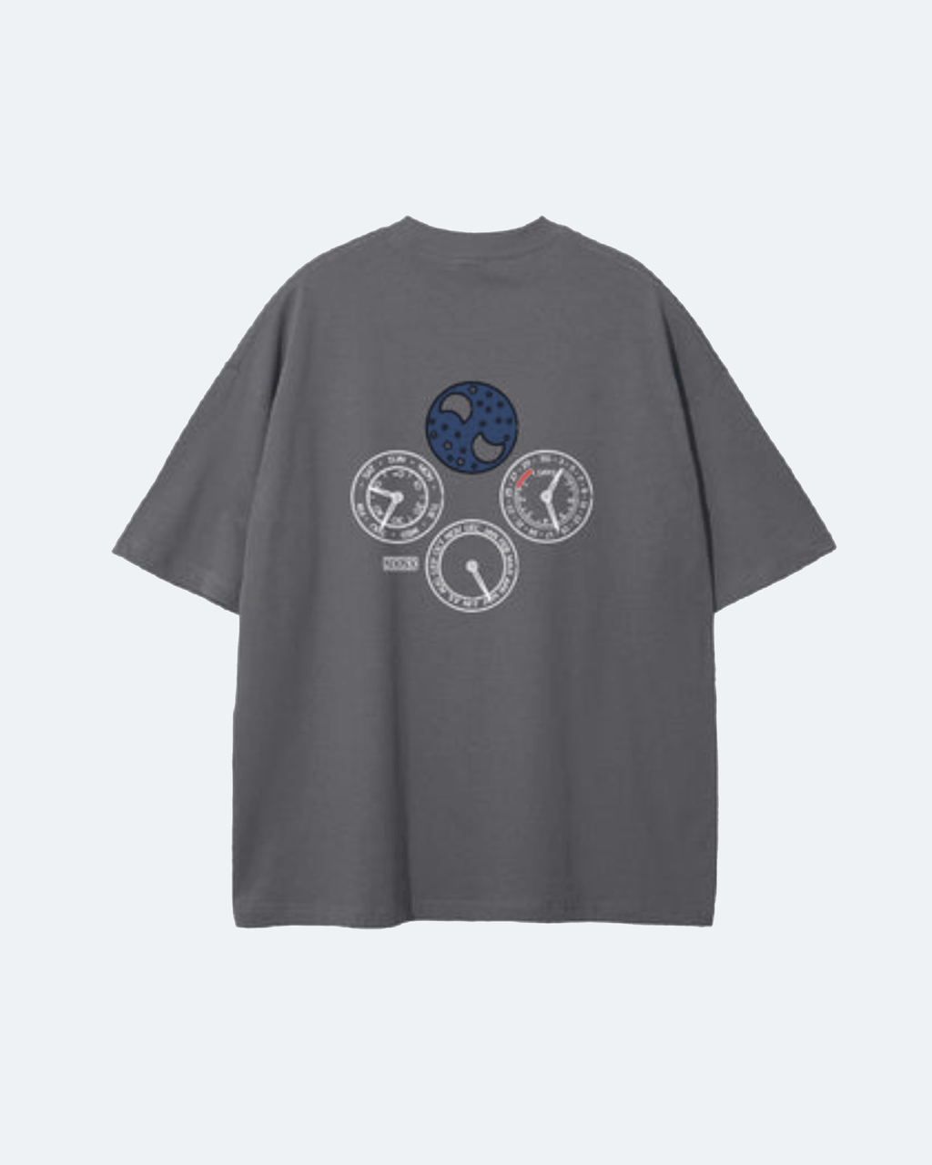 Gray Perpetual Flight T-Shirt with circular designs on the back against a light gray background