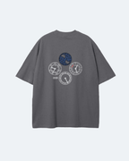 Gray Perpetual Flight T-Shirt with circular designs on the back against a light gray background