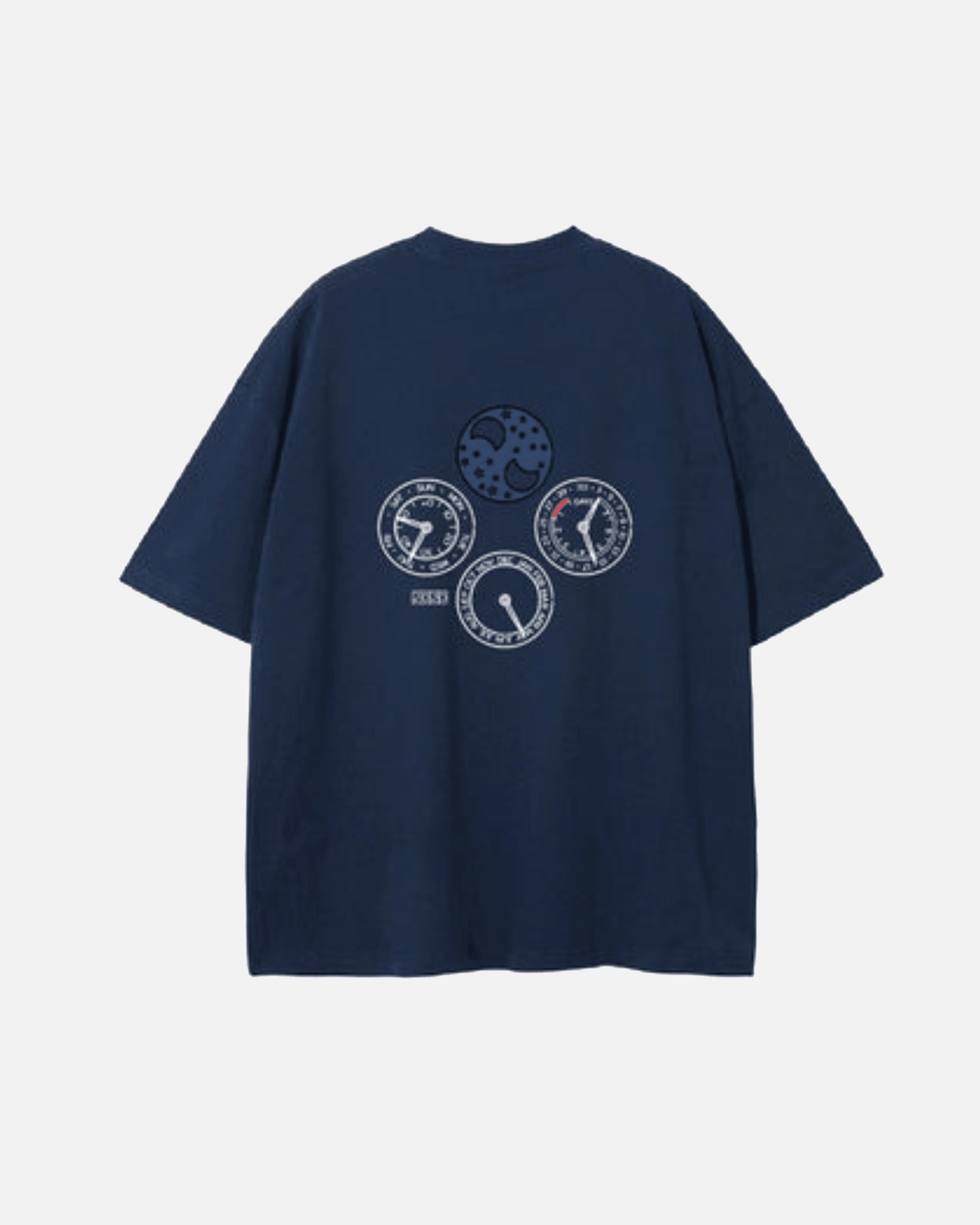 Navy blue Perpetual Flight T-Shirt with circular graphic designs on a white background
