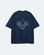 Navy bluePerpetual Flight T-Shirt with circular graphic design on a light gray background