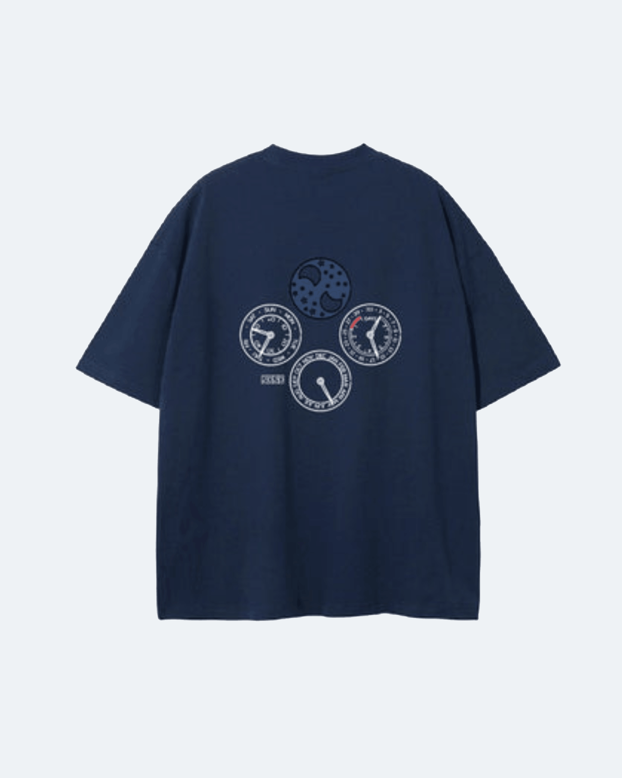 Navy bluePerpetual Flight T-Shirt with circular graphic design on a light gray background