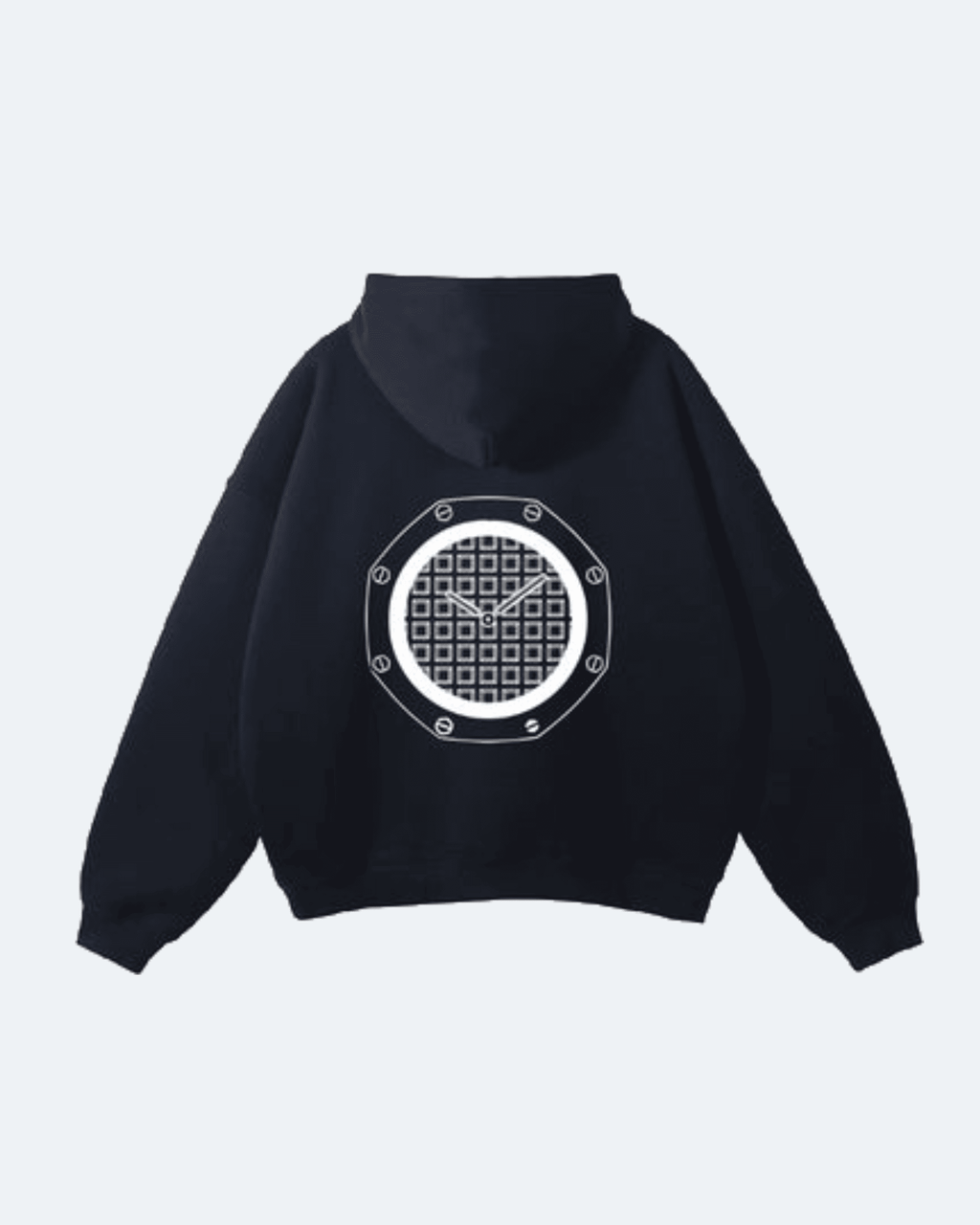Black Royal Time Hoodie with a white circular design on the back against a light gray background