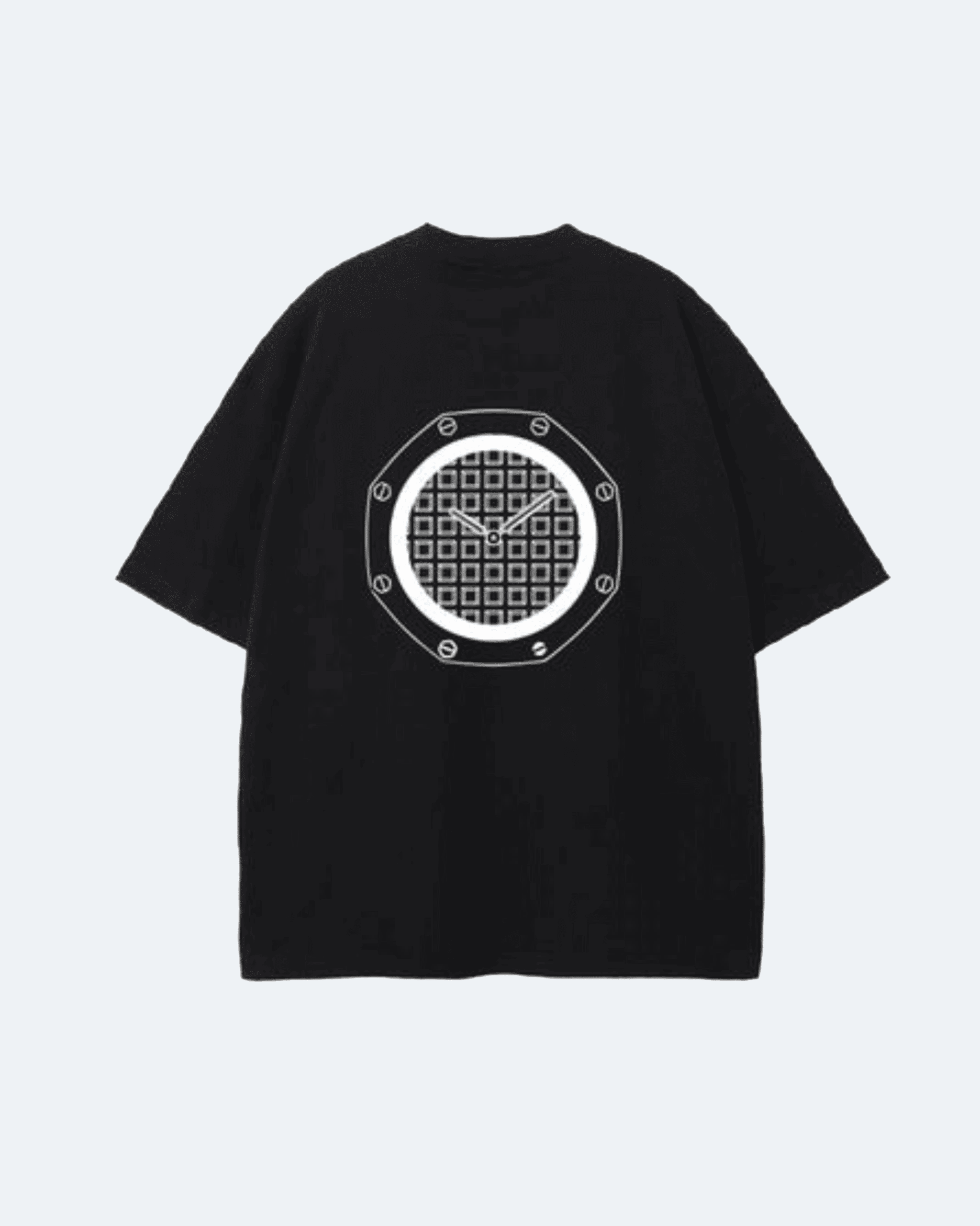 Black Royal Time T-Shirt with a white geometric design on a light gray background