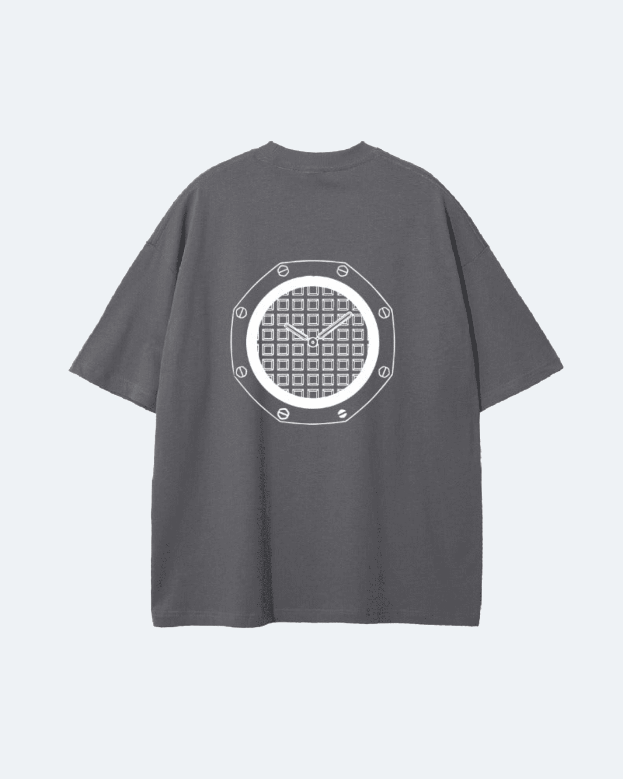 Gray Royal Time T-Shirt with a geometric pattern on the back against a light gray background
