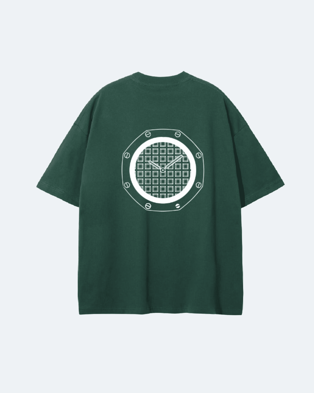 Green Royal Time T-Shirt with a white geometric design on the back against a light blue background