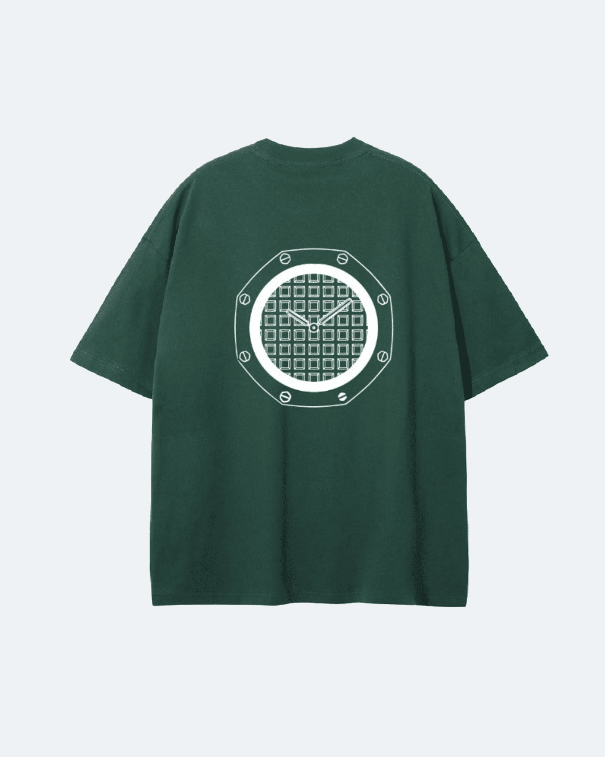 Green Royal Time T-Shirt with a white geometric design on the back against a light blue background