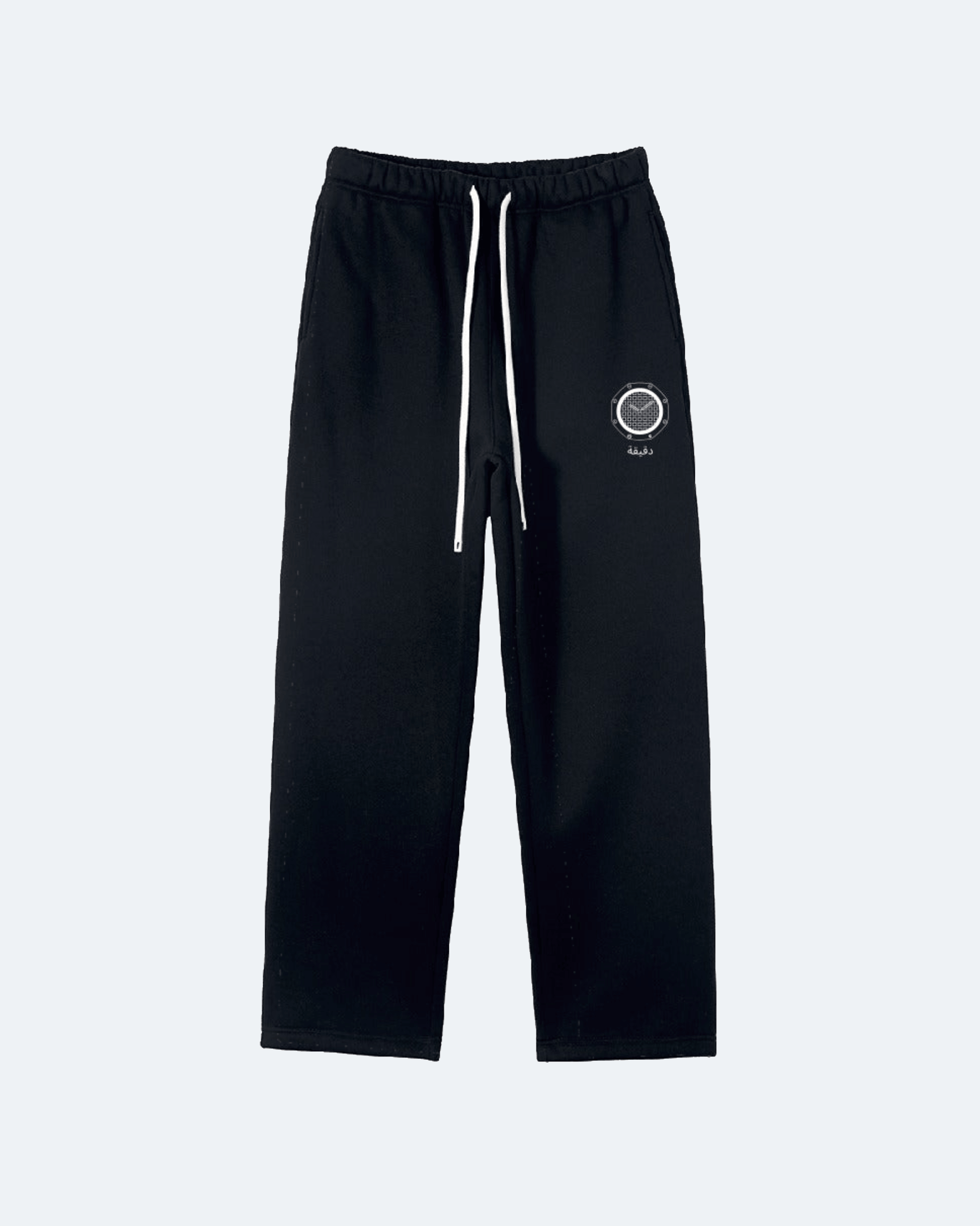 Black Royal Time Trackpants with a logo on a white background