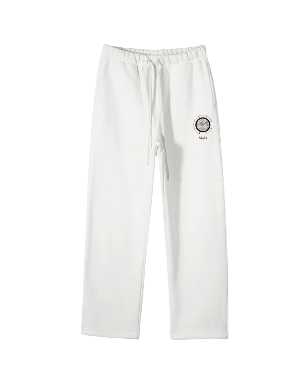 White Royal Time Trackpants with a logo on the left leg against a white background