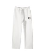 White Royal Time Trackpants with a logo on the left leg against a white background