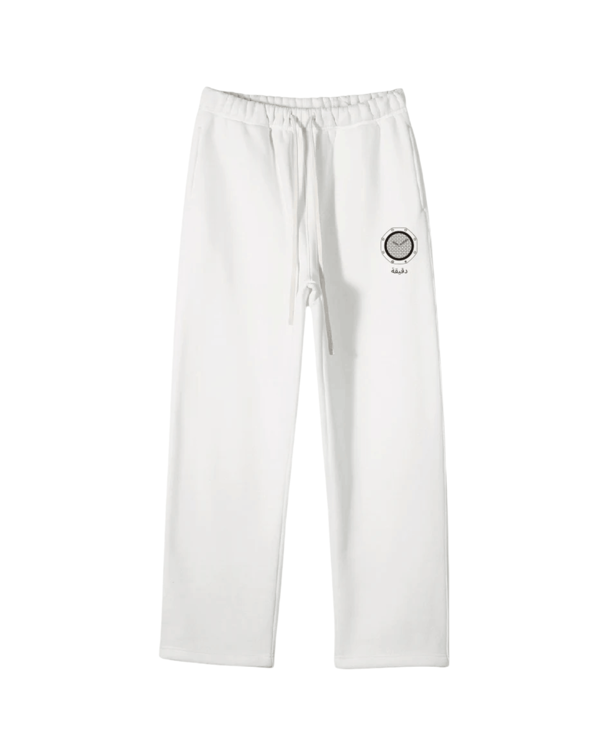 White Royal Time Trackpants with a logo on the left leg against a white background